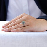 OEC Blue Green Moissanite Ring, Halo Bezel Set Ring, Cluster Wedding Ring, Floral Statement Ring, Antique Floral Ring, Art Deco Gold Ring