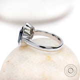 Deep Blue Elongated OMC Moissanite Toi Et Moi Ring, Double Stone Ring, Two Stone Engagement Ring, Antique Bezel 14K White Gold Ring