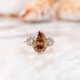 Pear Champagne Three Stone Ring, Old Cut Three Stone Ring, Old Mine Cut Ring, Georgian Ring Gold, OEC Side Stones, Champagne Teardrop Ring