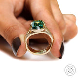 OMC Elongated Cushion Dark Green Moissanite Ring With Matching Bands, 14k Yellow Gold Statement Rings, Unique Style Three Pc Bridal Ring Set