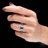 2.5 CT Elongated Cushion Deep Blue Moissanite Engagement Ring, Cathedral Shank White Gold Ring, Halo Wedding Ring, Half Eternity Bridal Ring