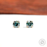 6 MM Old European Cut Blue-Green Moissanite Studs, Triple Claw Prong Studs, Tiny Vintage Style Statement Earrings, 14k Solid Yellow Gold