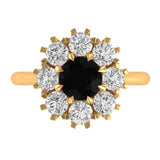 Old European Cut Round Black Moissanite Engagement Ring, 10K/14K/18K Solid Yellow Gold Cluster Halo Proposal Ring, Floral Bridal Ring