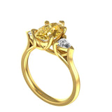 Pear Cut Champagne Three Stone Ring, Trillion Side Stone Ring, 18K Yellow Gold Trellis Setting With Claw Prongs Engagement Ring