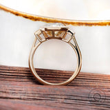 4 CT Fat Emerald Cut Champagne Moissanite Ring, Unique Vintage Style Bezel Set Three Stone Ring, Baguette Accent Stone, Promise Ring