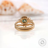 OEC Blue Green Moissanite Art Nouveau Ring Set, Smooth Matte Finish Vintage Style Leaf Motif Bridal Ring Set, Nature Inspired Wedding Rings