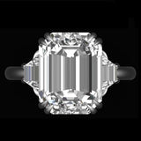 Emerald Shaped Krupp Cut Moissanite Engagement Ring, 14K White Gold Ring With Step Trapezoids, Three Stone Ring, Solitaire Ring