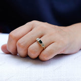 Three Stone Moissanite Engagement Ring, Three Stone Vintage Gold Ring, Vintage Bezel Ring, OEC Champagne Side Stones, Green Moissanite Ring