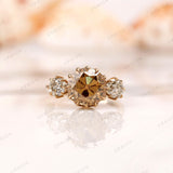 OEC Three Stone Champagne Moissanite Ring, Georgian Style Engagement Ring, Vintage Three Stone Ring For Women, Old Cut 3 Stone Ring