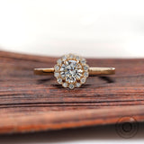 Round Lab Grown Diamond Halo Engagement Ring in 14k Yellow Gold Elegant Sunburst Diamond Ring Handcrafted Cathedral Shank Halo Blossom Ring