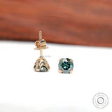 6 MM Old European Cut Blue-Green Moissanite Studs, Triple Claw Prong Studs, Tiny Vintage Style Statement Earrings, 14k Solid Yellow Gold