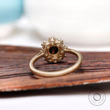 Round Cut Black Moissanite Ring Floral Halo Engagement Ring 14K Solid Yellow Gold Wedding Ring For Women OEC Ring Satin Finish Ring