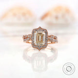 Emerald Cut Moissanite Engagement Ring Set, Art Deco Ring Set, 14K Yellow Gold Halo Ring Set, Vintage-Inspired Milgrain Stacking Band