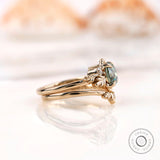 OEC Blue Green Moissanite Ring Set, Vintage Style Leaf Motif Wedding Ring Set, Unique Art Nouveau Ring,  Nature Inspired Engagement Rings