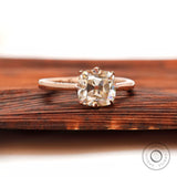 Elongated Cushion Old Mine Cut Off White Moissanite Tulip Setting 8 Prong Engagement Ring 14k Rose Gold Euro Shank Cathedral Promise Rings