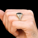 OMC Oval Blue Green Moissanite Signet Ring, 14K Yellow Gold Chunky Ring, Unique Statement Ring For Women, Color Stone Engagement Rings