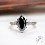 OMC Marquise Green Moissanite Ring, Marquise Engagement Ring, Unique Black Green Ring, 14K White Gold Pave Band Ring, Black Wedding Ring