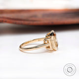 Old Mine Emerald Cut Dark Champagne Moissanite Ring, Three Stone Engagement Ring, Bezel Set Ring, Side Stones Baguette, Statement Ring