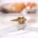 Elongated Cushion Dark Champagne Moissanite Engagement Ring With Side Baguette Stones 14k Yellow Gold Color Moissanite Wedding Bridal Ring