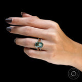 OMC Elongated Cushion Dark Green Moissanite Ring With Matching Bands, 14k Yellow Gold Statement Rings, Unique Style Three Pc Bridal Ring Set