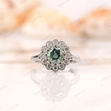 OEC Blue Green Moissanite Ring, Halo Bezel Set Ring, Cluster Wedding Ring, Floral Statement Ring, Antique Floral Ring, Art Deco Gold Ring