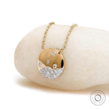 14K Solid Gold Flush Set Lab Grown Diamond Studded Circle Pendant Necklace, Scattered Diamond Gypsy Set Contemporary Pendant Necklace