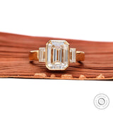 Three Stone Moissanite Ring Emerald Thick Band Engagement Ring 10k 14k 18k Bezel Set Yellow Gold Wedding Ring Baguette Side Stones