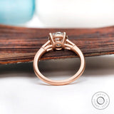 Three Stone Round Trilogy Moissanite Engagement Ring 10k 14k 18k Rose Gold Matte Finish Side Tapered Baguettes Cathedral Ring