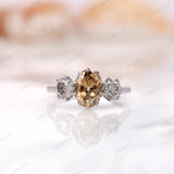 Old Cut Three Stone Ring, Oval OMC Champagne OEC Moissanite Side Stone Ring, Georgian Style Ring, Three Stone Vintage Ring, 14k Gold Ring