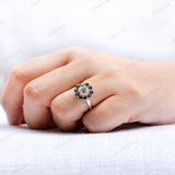 Black And White Halo Moissanite Floral Engagement Ring 14k Yellow Gold Old European Cut Cluster Wedding Ring Flower Shaped Rings