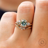 OEC Blue Green Moissanite Ring Set, Vintage Style Leaf Motif Wedding Ring Set, Unique Art Nouveau Ring,  Nature Inspired Engagement Rings