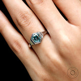 Old Mine Cut Hexagon Blue Green Moissanite Ring, Vintage Engagement Ring, Solitaire Wedding Ring, White Gold Ring, Unique Bezel Ring For Her