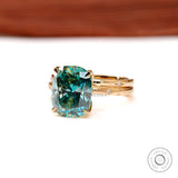 Elongated Cushion Dark Blue Green/Cyan Moissanite Starburst Ring Set, Tulip Engagement Ring With Matching Celestial Band, 18K Yellow Gold