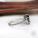 OMC Marquise Green Moissanite Ring, Marquise Engagement Ring, Unique Black Green Ring, 14K White Gold Pave Band Ring, Black Wedding Ring