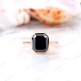 Emerald Cut Black Moissanite Ring, Bezel Set Ring, Step Cut Engagement Ring, Black Stone Ring, Cathedral Rings, 14k Yellow Gold Ring