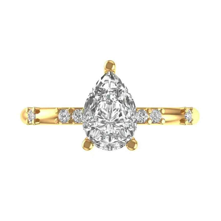 Pear cut hidden halo engagement ring in yellow gold