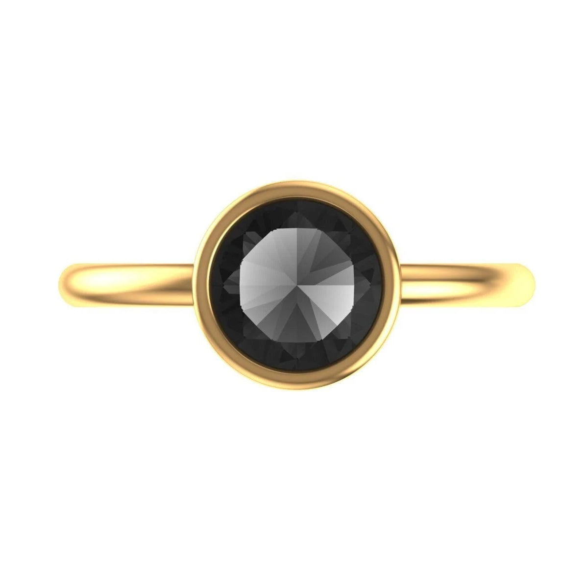 Black rose cut moissanite bezel set solitaire ring in 14k yellow gold