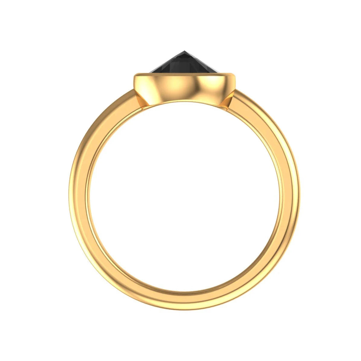 Round black moissanite solitaire ring with glossy gold band