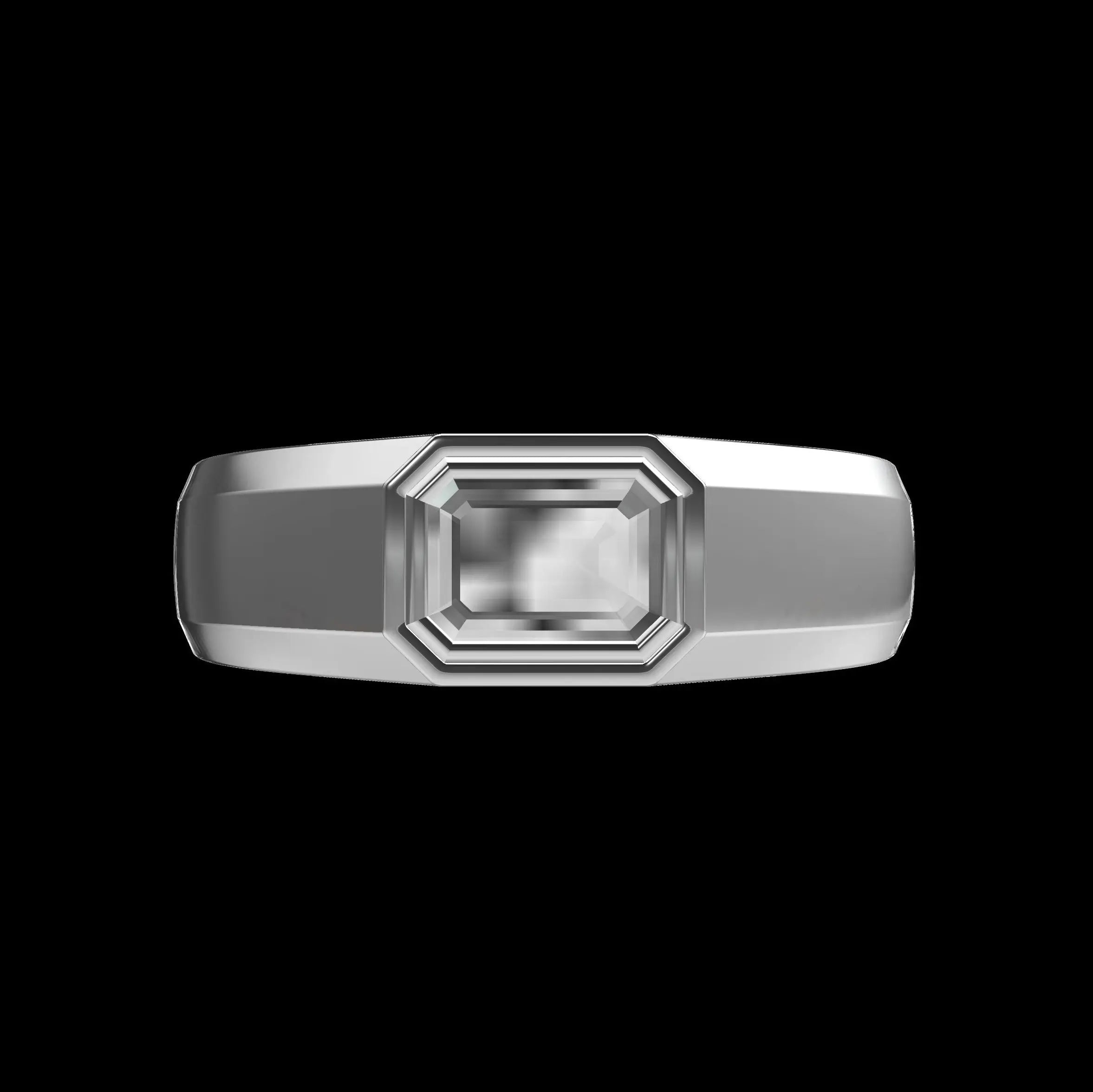 Mens emerald cut east west bezel set signet ring in white gold