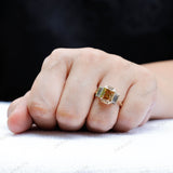 Old Mine Emerald Cut Dark Champagne Moissanite Ring, Three Stone Engagement Ring, Bezel Set Ring, Side Stones Baguette, Statement Ring