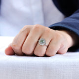 OEC Blue Green Moissanite Ring, Halo Bezel Set Ring, Cluster Wedding Ring, Floral Statement Ring, Antique Floral Ring, Art Deco Gold Ring