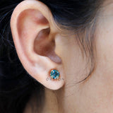 6 MM Old European Cut Blue-Green Moissanite Studs, Triple Claw Prong Studs, Tiny Vintage Style Statement Earrings, 14k Solid Yellow Gold