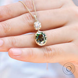 Two Stone Moissanite Pendant, Old Mine Cut Pendant, Gold Pendant, Oval Dark Green Stone Pendant, Closed Bezel Pendant, Georgian Jewelry