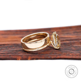 Pear Champagne Moissanite Thick Band Engagement Ring Set Hidden Halo Wedding Set Matching Plain Gold Wide Band 14k Yellow Gold Rings