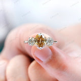 Old Cut Three Stone Ring, Oval Champagne Moissanite Ring, Three Stone Vintage Ring, Old Mine Cut Ring, OEC Side Stones Ring, Georgian Ring