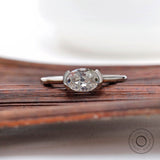 Oval Moissanite Ring, Old Mine Cut Ring, Half Bezel Engagement Ring, 14K White Gold Dainty East West Ring, Oval Promise Ring, Delicate Ring