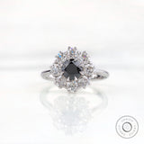 Vintage Black Moissanite Cluster Ring - Art Deco Style in 14K White Gold, 5.5MM Old European Cut, Unique Halo Engagement Ring, Promise Ring
