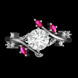 A Touch of Nature: Flower Design Lab Diamond Ring with Ruby and Moissanite Details, One-of-a-Kind Nature-Inspired Diamond Ring, Gift For Her