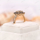 Black And White Halo Moissanite Floral Engagement Ring 14k Yellow Gold Old European Cut Cluster Wedding Ring Flower Shaped Rings