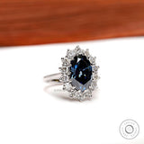 Old Mine Cut Oval Deep Blue Moissanite Ring, Princess Diana Ring, 18K White Gold Cluster Halo Engagement Ring, Statement Ring For Women